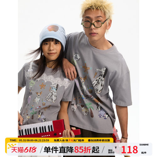 江南先生NewJNXS动物哲学美式复古印花短袖白色小狗t情侣宽松半袖
