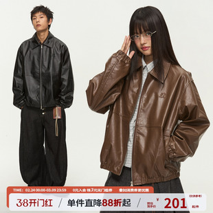 江南先生NewJNXS复古翻领双开拉链皮衣夹克男女休闲logo刺绣外套