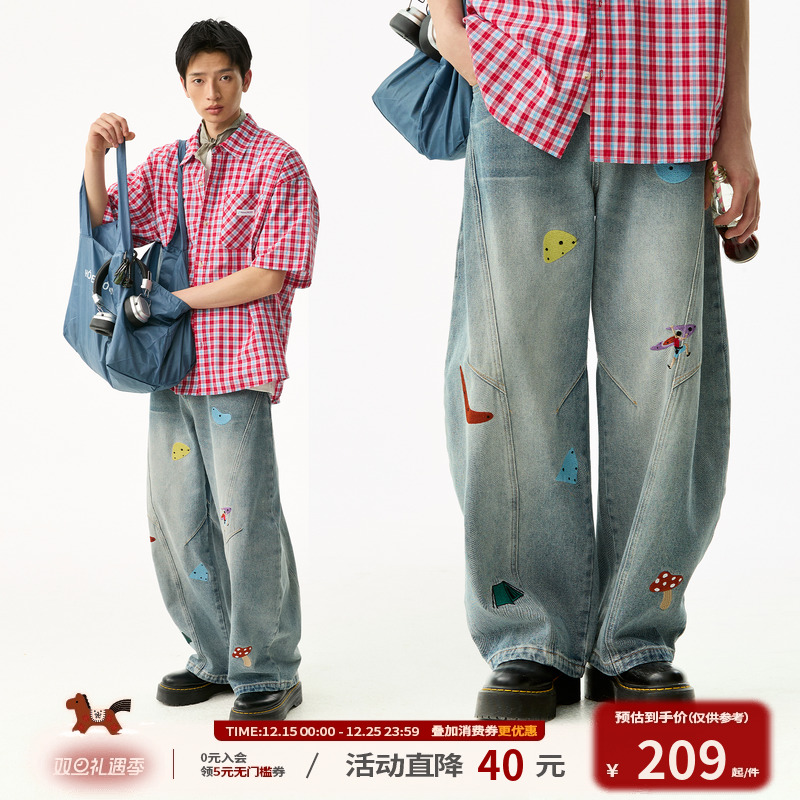江南先生NewJNXS 野生无限cleanfit图案刺绣牛仔裤男女宽松弯刀裤