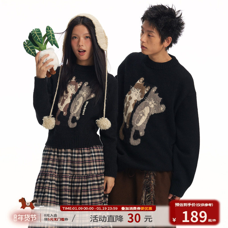江南先生NewJNXS双色小猫趣味提花圆领宽松休闲慵懒情侣款毛衣冬