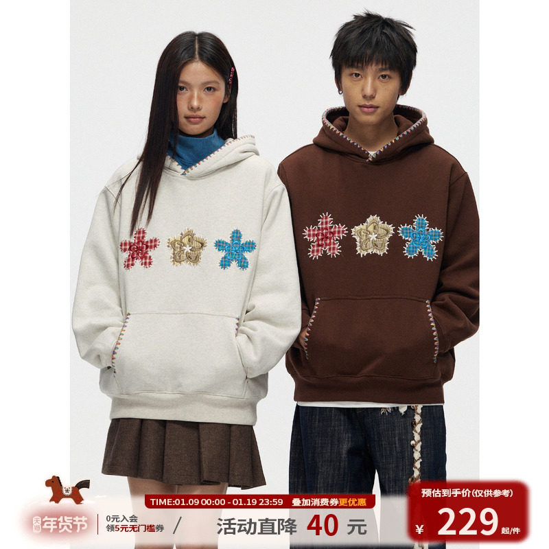 江南先生NewJNXS情侣连帽卫衣男女新款秋季贴布绣花加绒加厚上衣