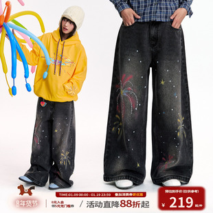 江南先生NewJNXS美式重磅斜纹印花烫钻宽松牛仔裤秋男女款裤子