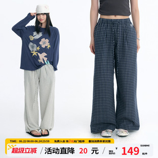 江南先生NewJNXS复古文艺泡泡纱刺绣格子裤夏季轻盈透气休闲裤女