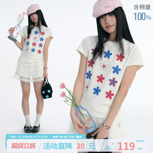 江南先生NewJNXS'花梦'彩纱胶印纯棉短袖夏修身显瘦短款正肩T恤女