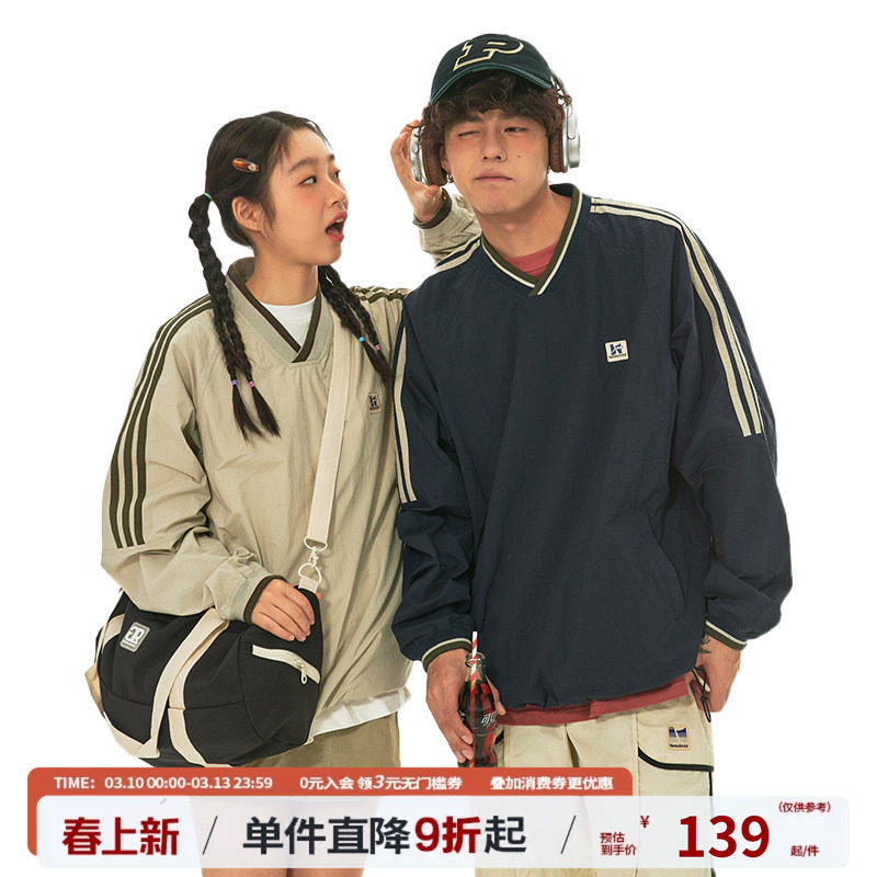 江南先生NewJNXS美式复古织带V领插肩袖情侣卫衣潮男女宽松上衣春