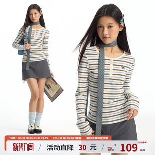 江南先生NewJNXS复古条纹紧身长袖 打底上衣女 T恤春刺绣针织半开衫