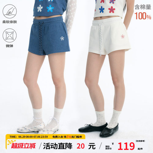 江南先生NewJNXS'花语'纯棉彩纱小花朵休闲裤简约百搭修身短裤女