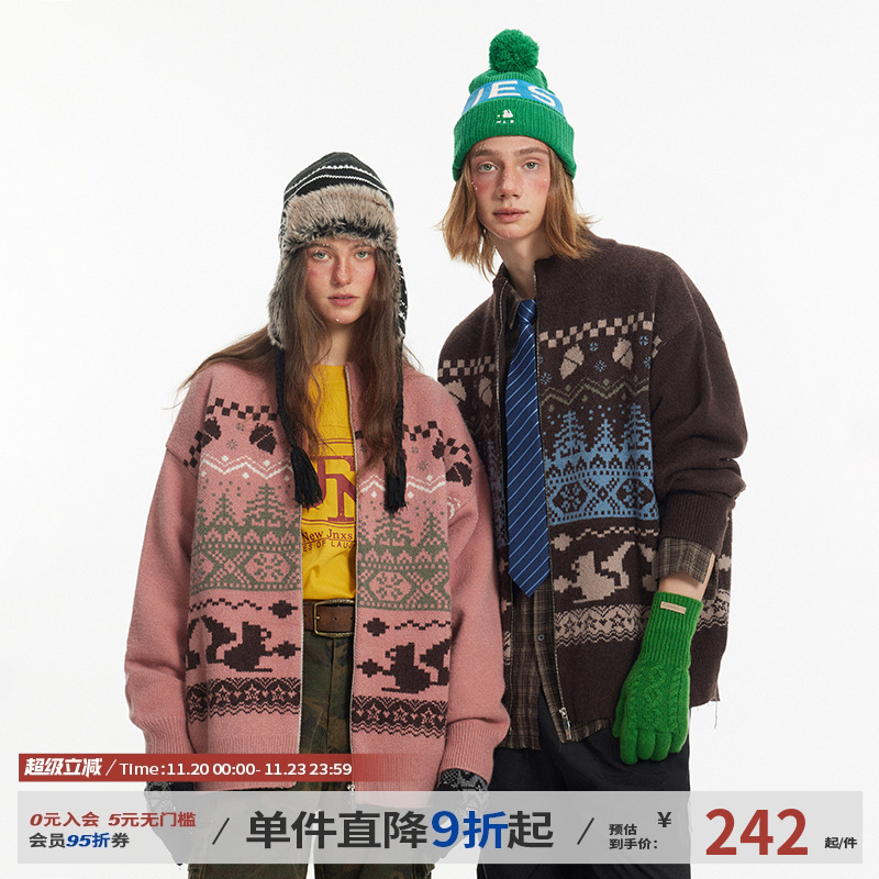 江南先生NewJNXS美式复古新年情侣开衫毛衣提花费尔岛针织衫外套