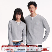 江南先生NewJNXS华夫格肌理撞色假两件长袖 T恤上衣休闲百搭情侣装