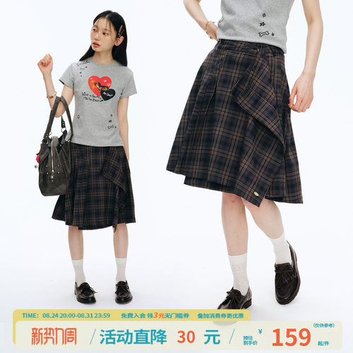 江南先生NewJNXS经典A字廓形梭织格纹百褶半裙文艺休闲屁帘女