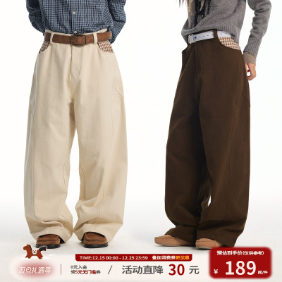 江南先生NewJNXS纯棉斜纹撞色格子拼接加绒阔腿休闲弯刀长裤秋冬