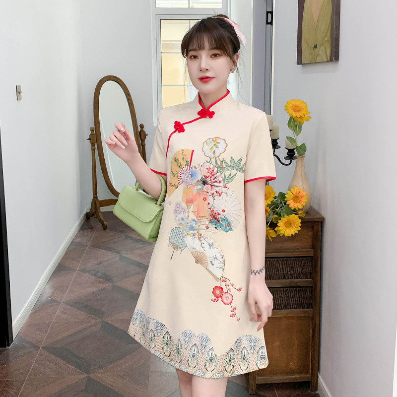 YOUNG CHEONGSAM DAILY PLUS-SIZE WOMENS SUMMER RECREATION CLASSICAL ELEGANCE PRINT SLIM SLIM MODIFIED DRESS