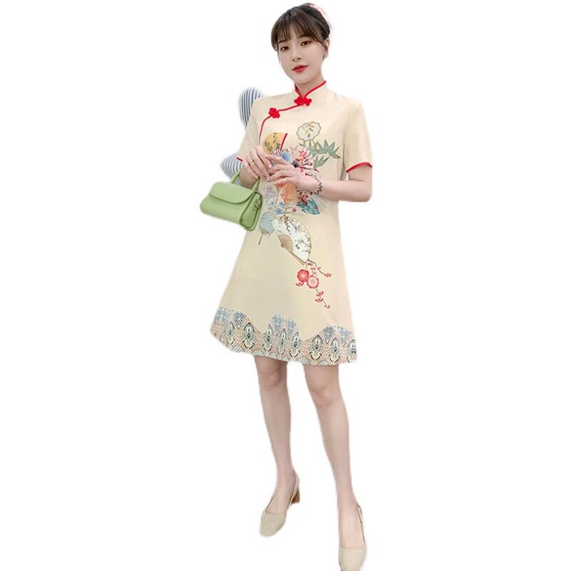 YOUNG CHEONGSAM DAILY PLUS-SIZE WOMENS SUMMER RECREATION CLASSICAL ELEGANCE PRINT SLIM SLIM MODIFIED DRESS