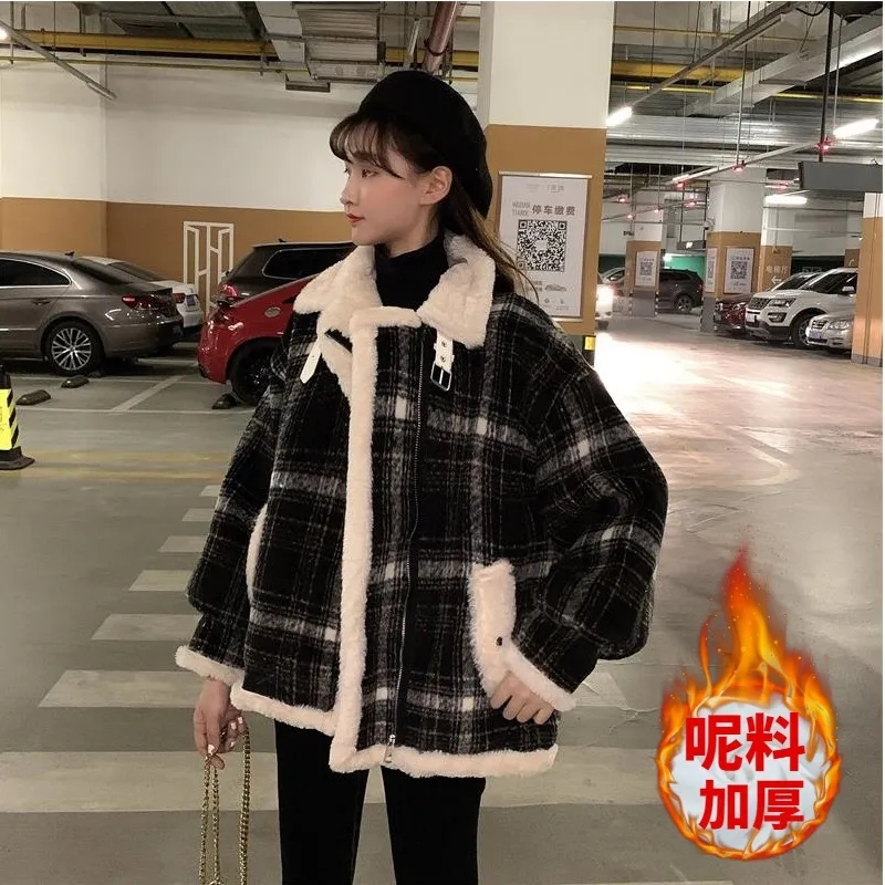 秋冬格子羊羔毛绒外套女棉衣服2022年新款加绒加厚棉袄ins潮冬装