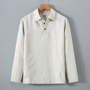 纯亚麻翻领长袖T恤男款秋季宽松透气休闲Polo领全麻布料休闲衬衫