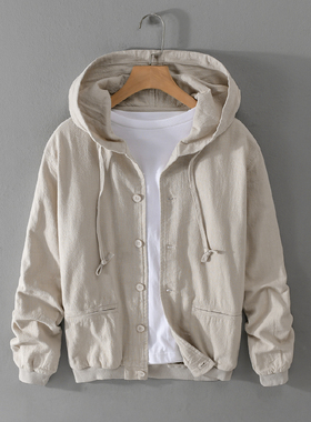 春秋季亚麻夹克连帽男士外套宽松日系复古休闲国潮棉麻男装上衣服