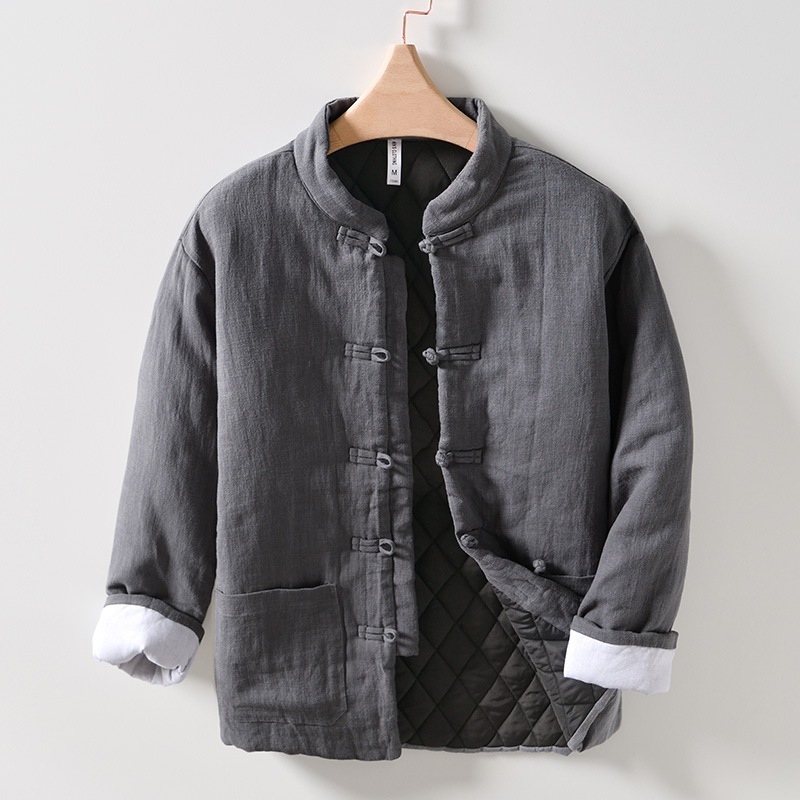 中国风复古冬装休闲保暖苎麻加绒夹克大码宽松百搭棉麻上衣男外套