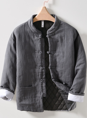 中国风复古冬装休闲保暖苎麻加绒夹克大码宽松百搭棉麻上衣男外套