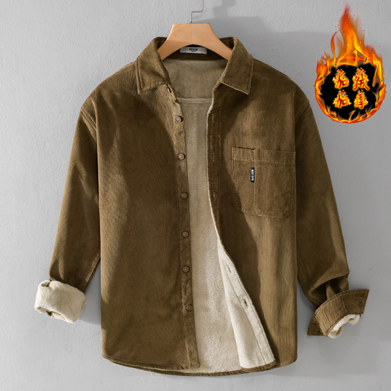 秋冬简约灯芯绒加绒加厚男装衬衫休闲保暖舒适男棉衣纯色青年衬衣