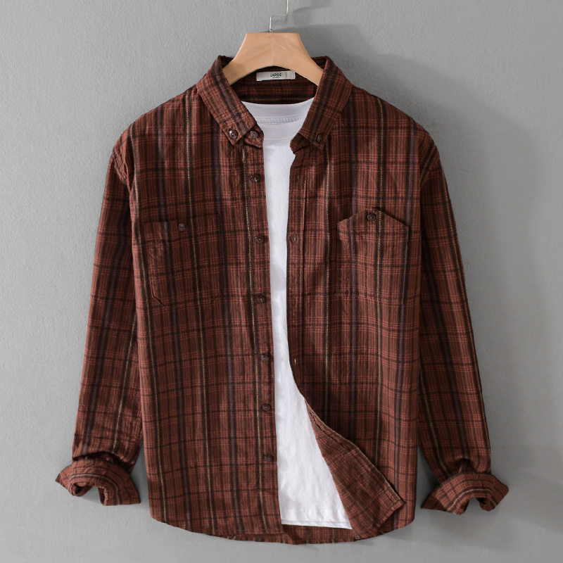 纯棉格子长袖衬衫男春季新款日系复古设计感口袋休闲衬衣潮流寸衫
