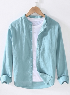 亚麻衬衫男长袖无领休闲春夏季立领棉麻衬衣圆领麻布上衣服薄外套