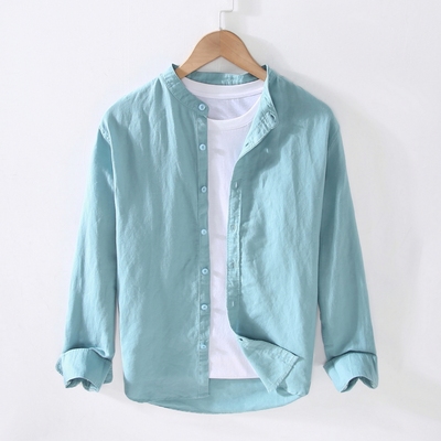 亚麻衬衫男长袖无领休闲春夏季