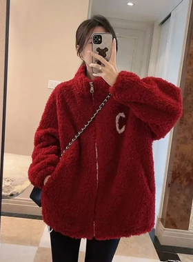 出口清仓折扣商场撤回女装加厚加绒羊羔毛绒棒球服外套大码女卫衣