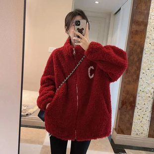 出口清仓折扣商场撤回女装 女卫衣 加厚加绒羊羔毛绒棒球服外套大码