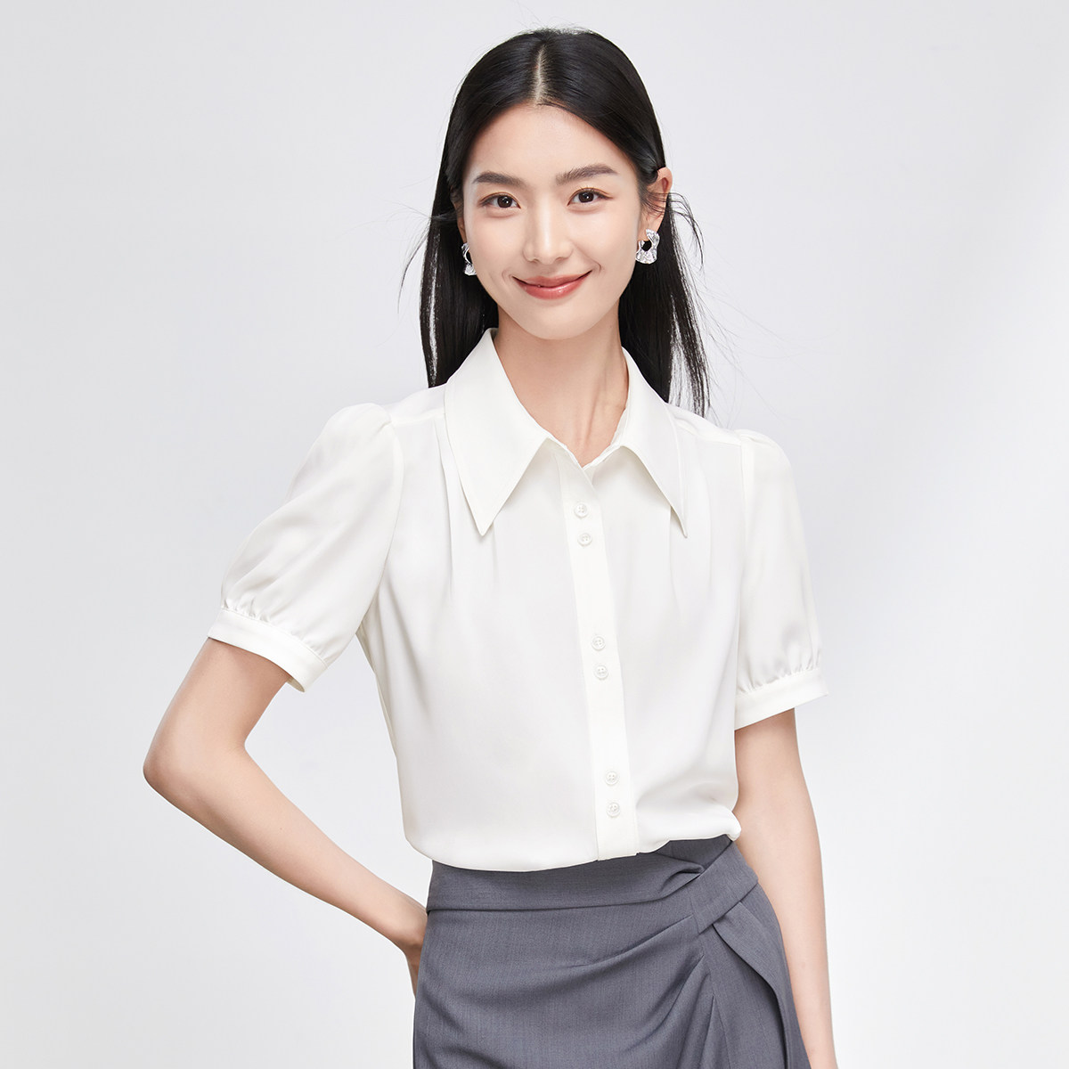 曼贝雪纺短袖衬衫女2026夏季新款高级感轻奢减龄洋气职业衬衣上衣