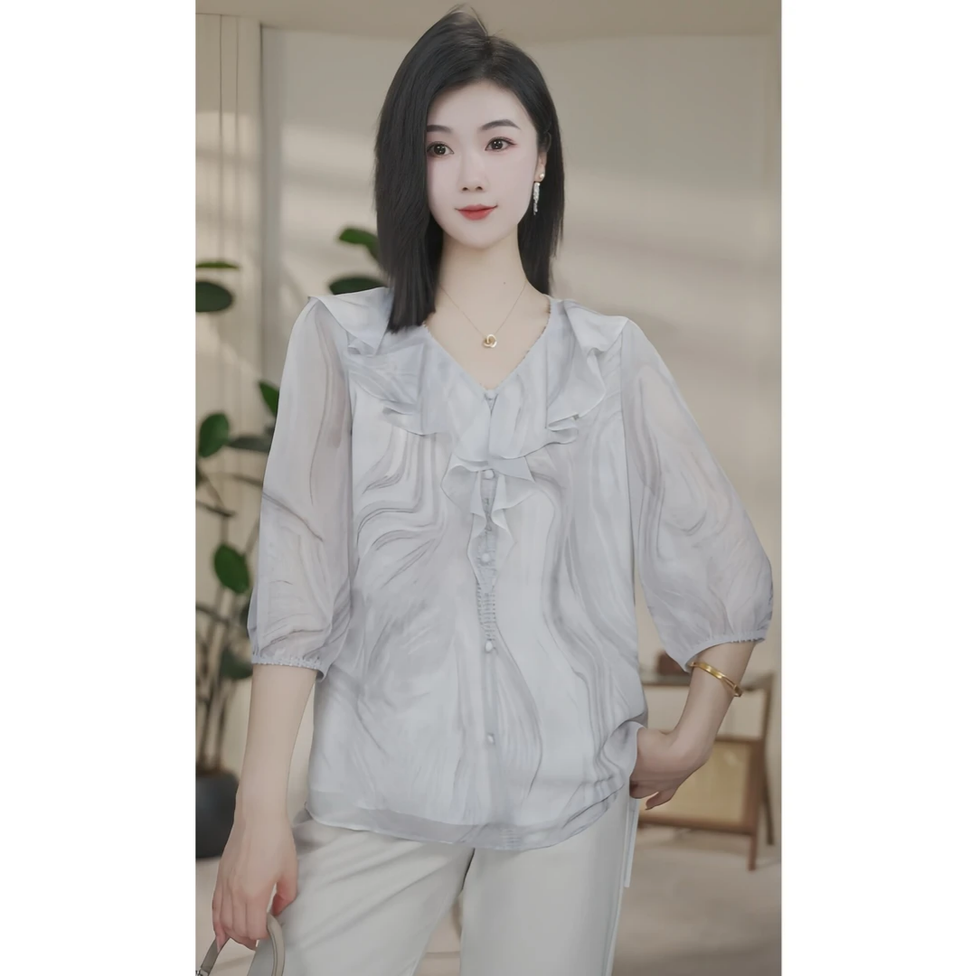 曼贝8592707水墨灰夏季百搭时尚衬衫女设计感显瘦休闲小众气质