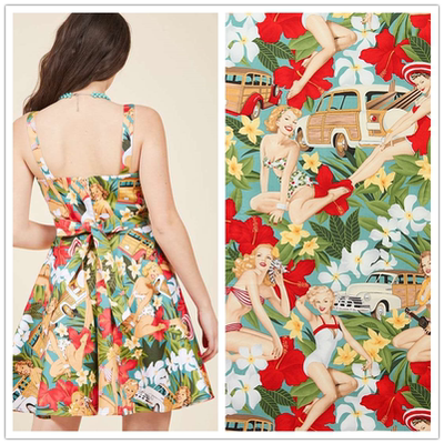 欧美复古高密弹力府绸沙滩印花