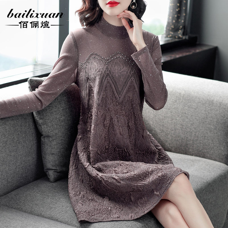 春秋新款长袖网纱t恤遮肚子蕾丝中长款提花宽松雪纺打底衫女上衣