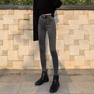 子女学生韩版 烟灰色牛仔裤 弹力高腰显瘦紧身长裤 铅笔裤 女小脚裤 女