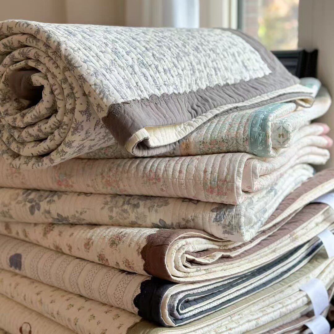 法式小碎花双面60支有氧纱纯棉印花水洗床盖三件套全棉绗缝床单款