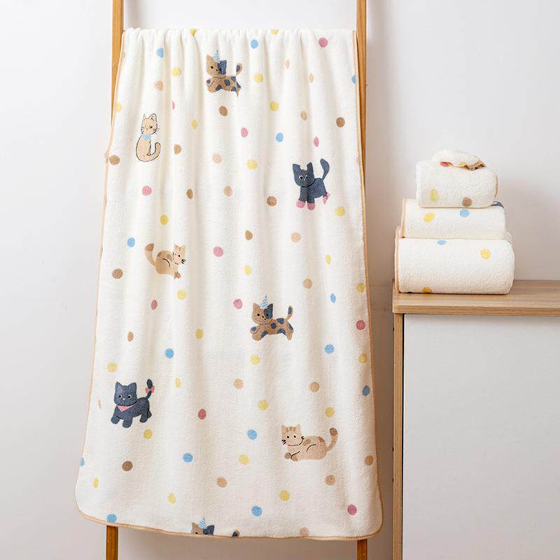 新款圆点印花小猫珊瑚绒浴巾女家用洗脸毛巾吸水不易掉毛毛巾套装