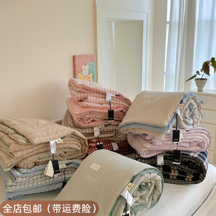 简约格子水洗棉毛巾绣绗缝夹棉床盖两件套学生宿舍炕盖搭配秋冬被