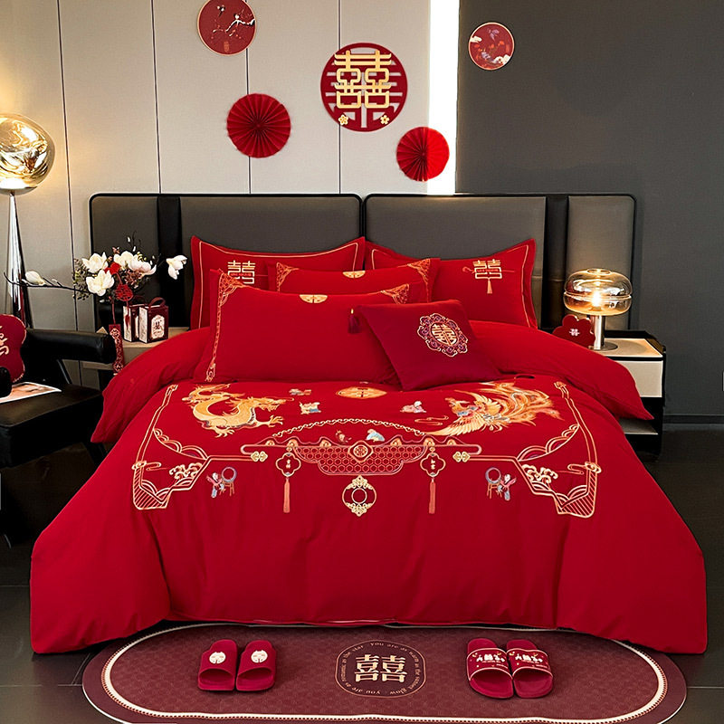 结婚四件套婚庆婚房喜被床单龙凤刺绣被套被单婚礼大红色床上用品