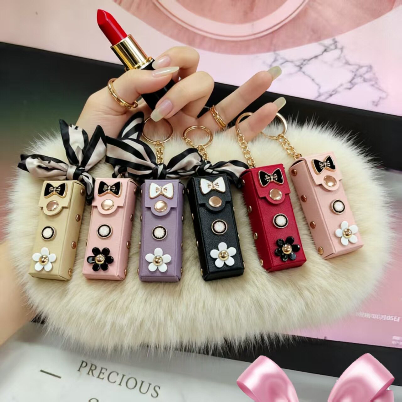 韩版时尚随身小香风口红包钥匙扣挂件包包装饰挂饰小众