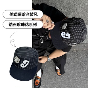 美式条纹立体字母鸭嘴帽女街滑板嘻哈帽大头围宽檐平顶鸭舌帽子男