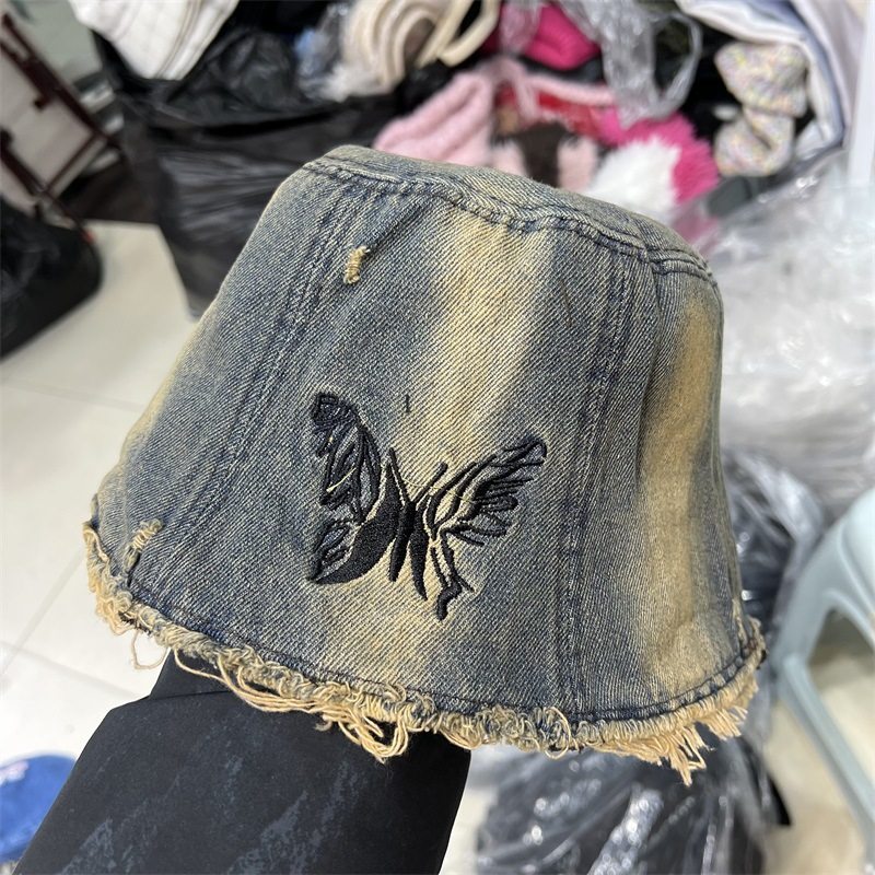 ins水洗刺绣牛仔蝴蝶渔夫帽女