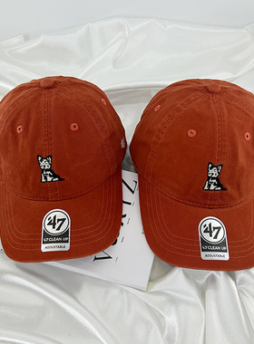 韩版百搭小狗刺绣棒球帽女脏橘色休闲复古显脸小春夏新款鸭舌帽男