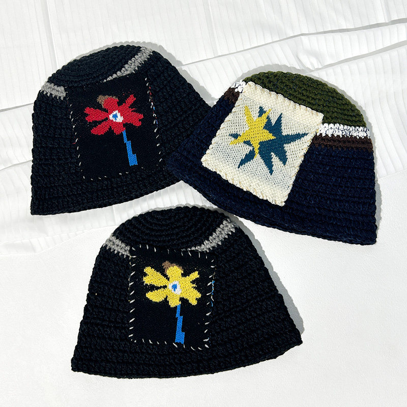 韩国设计师款布贴涂鸦秋冬渔夫帽