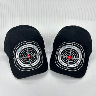 美式水洗做旧破洞靶心刺绣棒球帽女个性街头嘻哈软顶潮牌鸭舌帽男