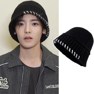侯明昊同款渔夫帽男秋冬韩潮流针织帽子女大头围显脸小黑色毛线帽