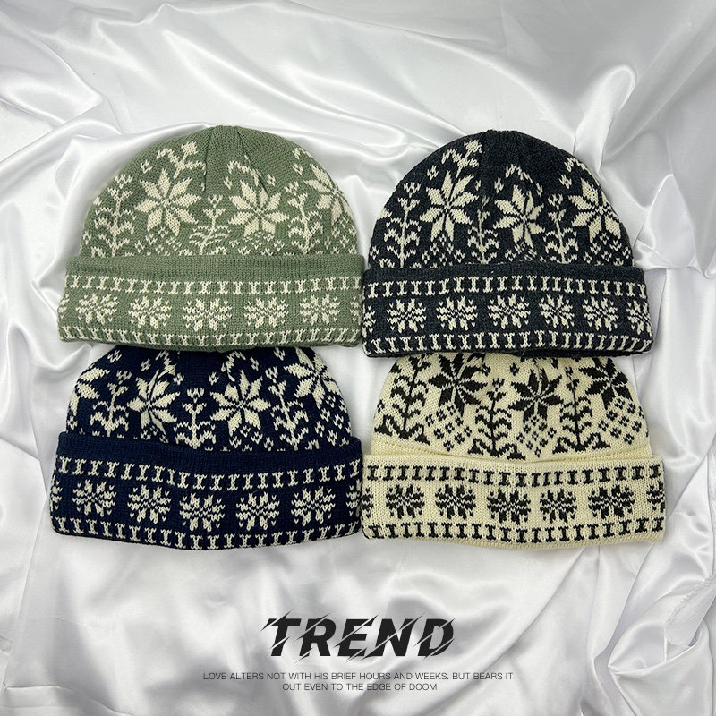 韩版撞色提花秋冬情侣针织帽