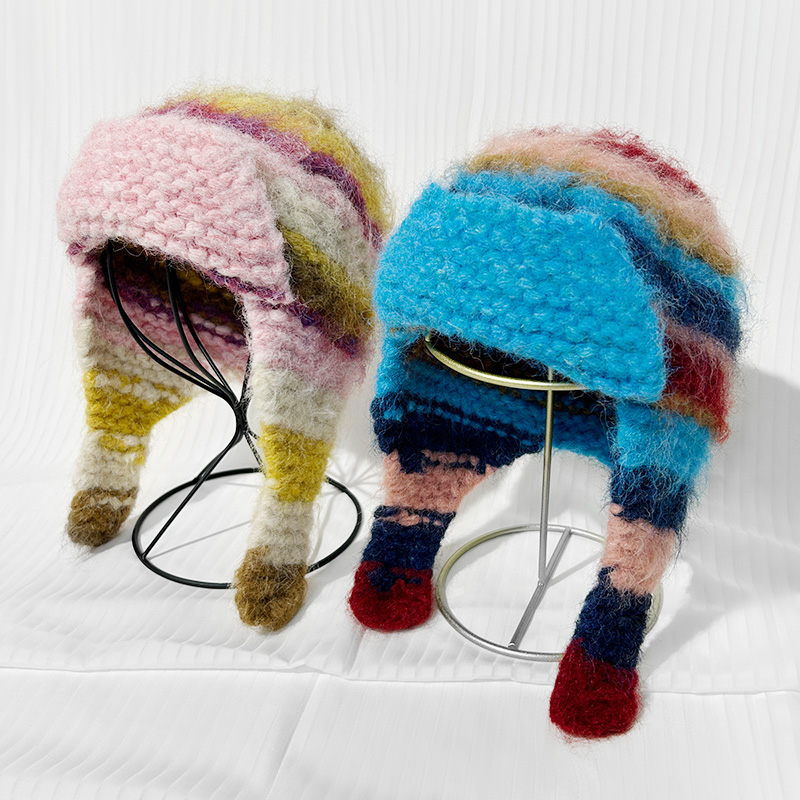 韩系条纹冬季马海毛针织雷锋帽女