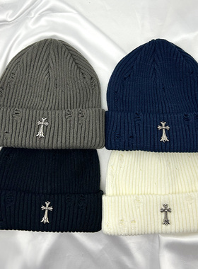 韩版复古十字架针织帽女2025秋冬新款保暖护耳毛线帽百搭冷帽男潮