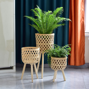 竹编花篮北欧客厅阳台绿萝绿植装 饰落地木制花架平安蕨霸王蕨花盆