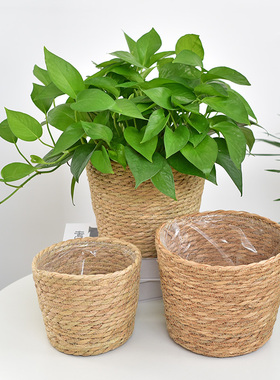 北欧风草编藤编花篮室内桌面装饰绿植多肉盆栽抱抱桶创意绿萝花盆