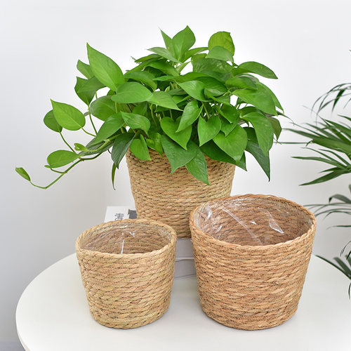 北欧草编绿萝绿植花篮花盆